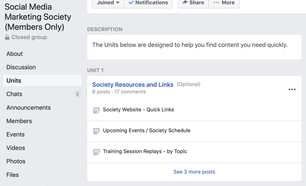 Verwendung von Facebook-Gruppenfunktionen, Beispiel für Gruppeneinheiten für die Social Media Marketing Society 