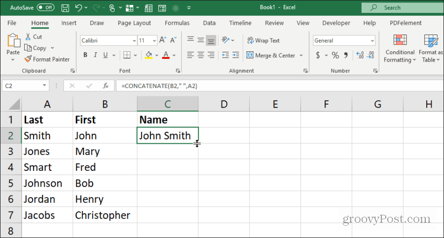 Verwenden von Verketten für Namen in Excel