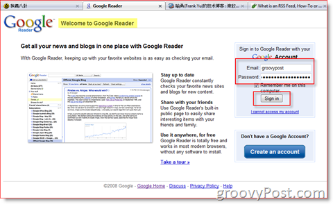 Google Reader-Anmeldeseite:: groovyPost.com