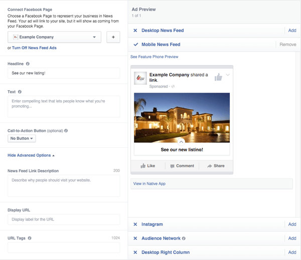 Optionen für die Zustellung von Facebook-Leinwandanzeigen