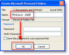 Benennen Sie Ihre .PST-Datei, wählen Sie ein Passwort und klicken Sie auf OK image:: groovyPost.com
