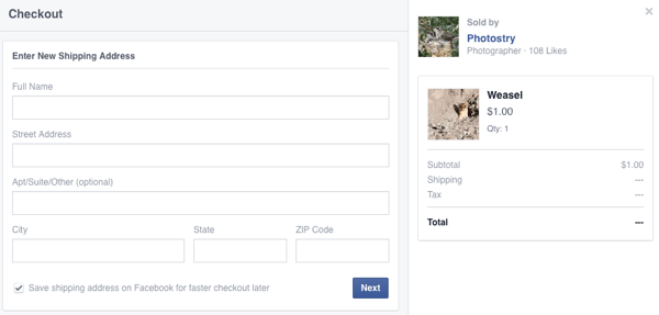 Der Kunde gibt die Versanddetails für den ersten Facebook-Kauf ein