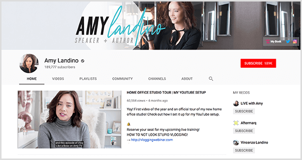 AmyTV ist Amy Landinos umbenannter YouTube-Kanal. Die Kanalseite enthält Fotos von Amy und das Video, mit dem sie ihren umbenannten Kanal gestartet hat.