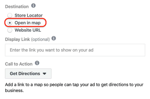 Option "In Karte öffnen" auf Anzeigenebene im Facebook Ads Manager ausgewählt