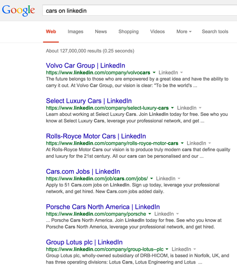 Linkedin Unternehmensseite führt zu Google-Suchergebnissen für Autos auf Linkedin