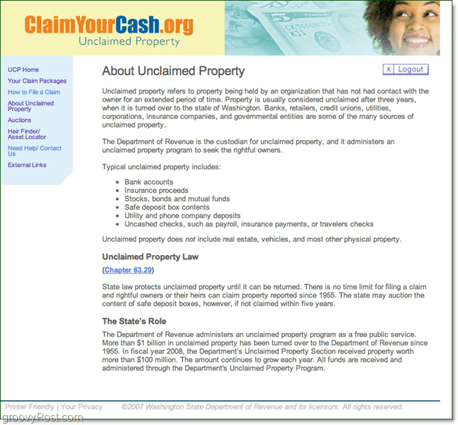 Claimyourcash.org nicht beanspruchtes Eigentum