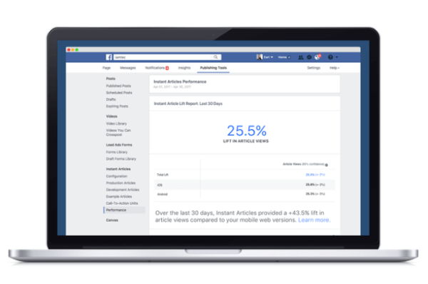 Facebook hat ein neues Analysetool eingeführt, das die Leistung von Inhalten, die über die Instant Articles-Plattform von Facebook veröffentlicht wurden, im Vergleich zu anderen mobilen Webäquivalenten vergleicht.