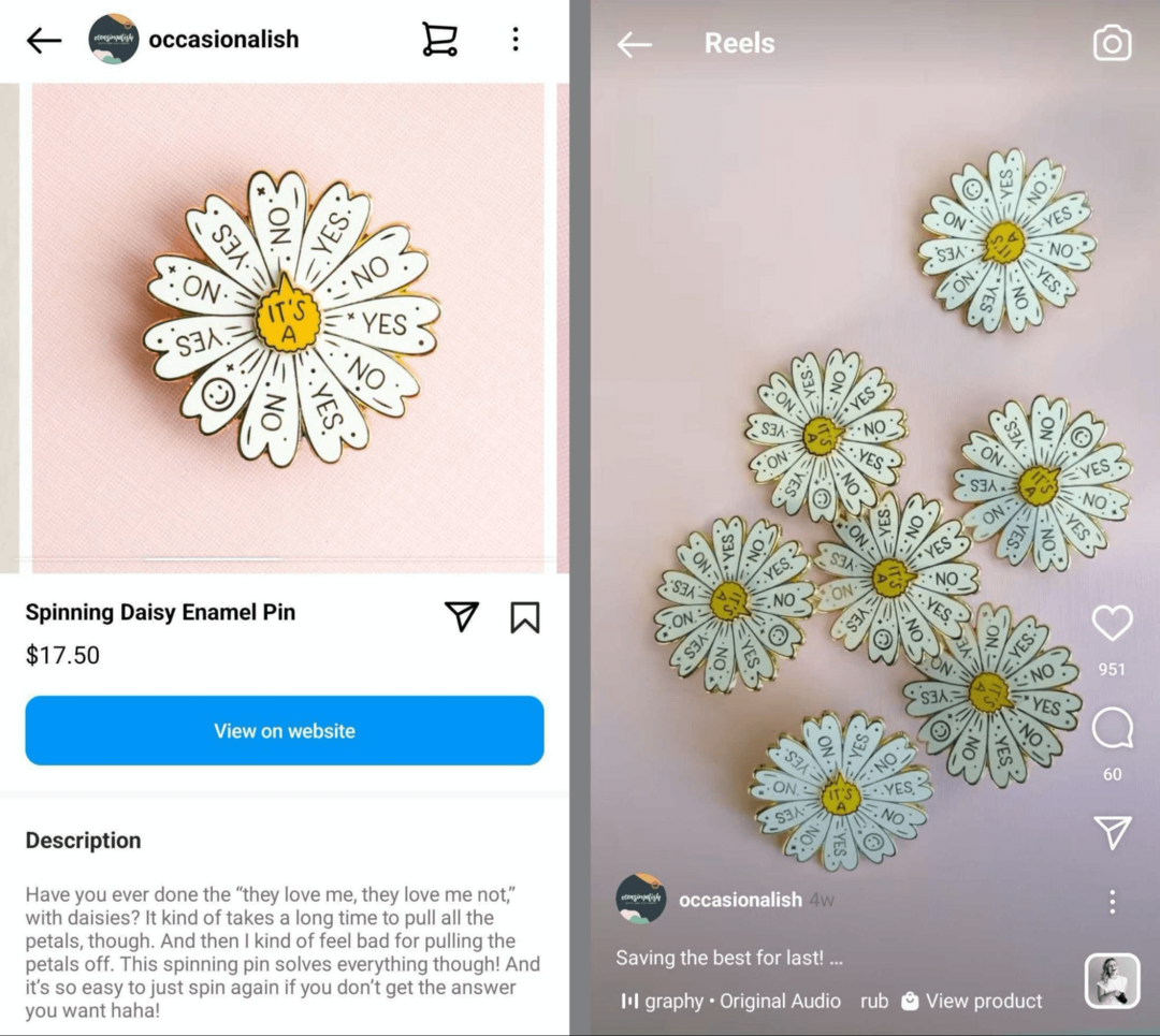 Bild desselben Produkts in einem Instagram-Shop und einem Instagram-Reel