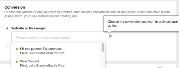 Wählen Sie beim Einrichten einer Werbekampagne für Website-Conversions das Pixel aus, das zum Verfolgen von Conversions verwendet werden soll.