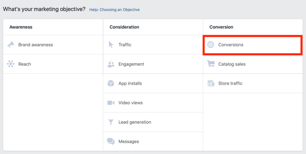 Tipps zur Senkung Ihrer Facebook-Anzeigenkosten, Option zur Vermarktung Ihrer Facebook-Anzeigen für Conversions