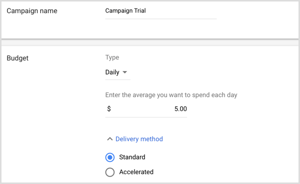Fügen Sie den Kampagnennamen und das Budget in Google AdWords hinzu.