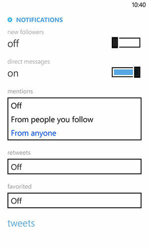 Windows Phone Twitter Benachrichtigungseinstellungen