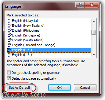 Ändern Sie die Standard-Proof-Sprache in Word 2010 in Britisch