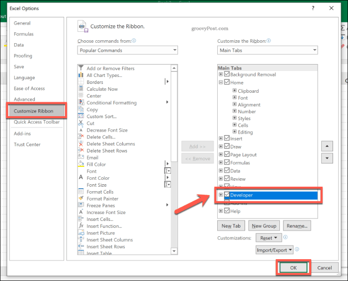 Aktivieren der Registerkarte "Entwickler" in Excel