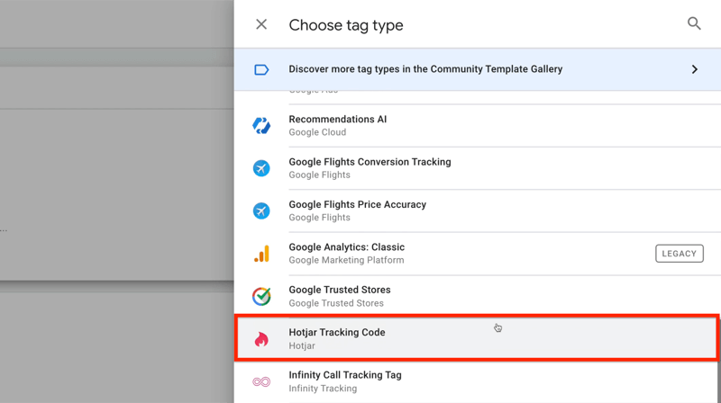 Neues Google Tag Manager-Tag mit Menüoptionen für Tag-Typ auswählen, wobei der Hotjar-Tracking-Code hervorgehoben ist