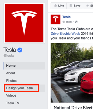 Tesla Facebook benutzerdefinierte Registerkarte