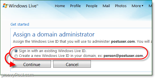 Erstellen Sie ein Windows Live-Domänenadministratorkonto oder verwenden Sie ein aktuelles Live-Konto