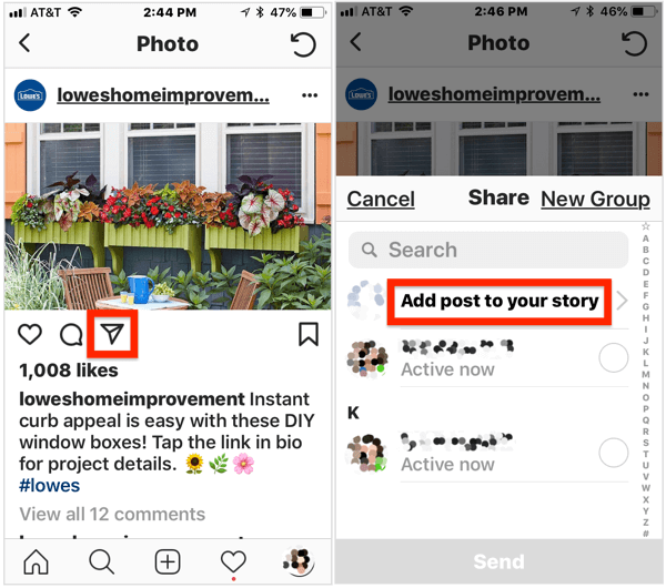 Um Ihrer Instagram-Story einen öffentlichen Beitrag hinzuzufügen, öffnen Sie den Beitrag, tippen Sie auf das Flugzeugsymbol unter dem Bild und wählen Sie dann im Popup-Menü die Option "Beitrag zu Ihrer Story hinzufügen".