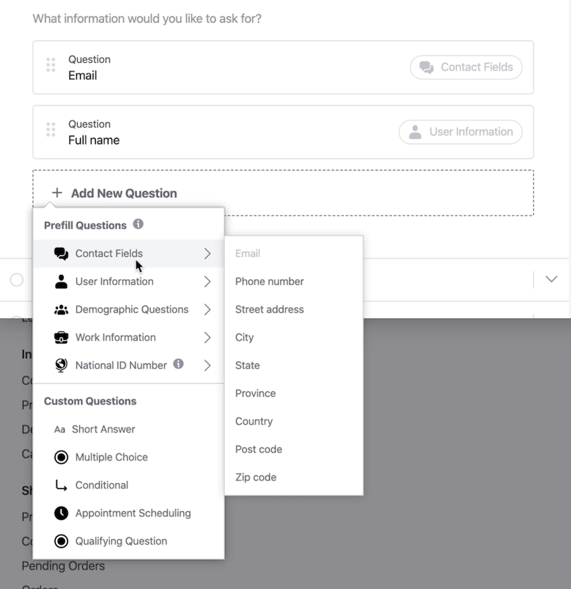 Optionen zum Ausfüllen von Fragen und benutzerdefinierten Fragen für die Einrichtung von Facebook-Lead-Formularen