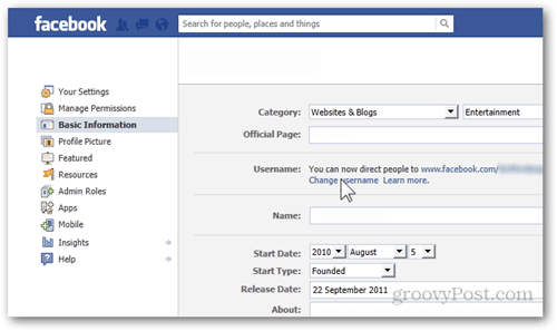 Einstellungen für Facebook-Einstellungen Grundlegende Informationen Benutzername Benutzername ändern