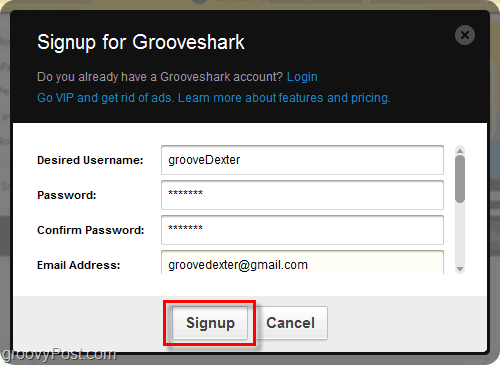 Grooveshark Anmeldevorgang