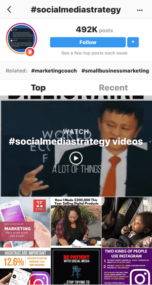 Wie Sie Ihre Instagram-Follower strategisch erweitern können, Schritt 11, relevante Beispielbeiträge finden, Beispielsuche nach "#socialmediastrategy" -Videos