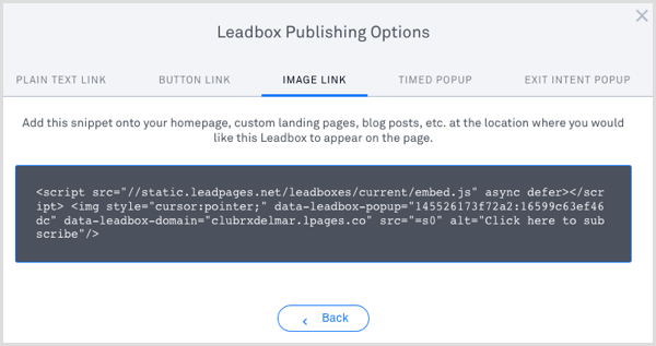 LeadPages Leadbox-Veröffentlichungscode 