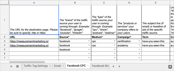 Öffnen Sie die Registerkarte Facebook-CPC der UTM Builder-Tabelle.