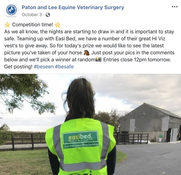 Beispiel eines Facebook-Posts mit einem Wettbewerb von Paton und Lee Equine Veterinary Surger.