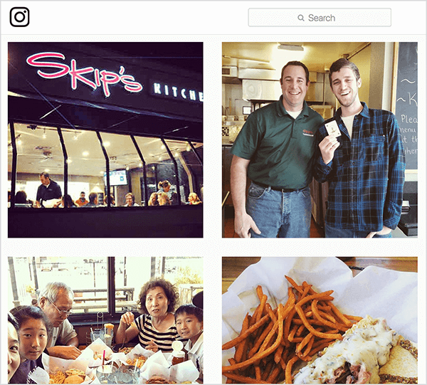 Dies ist ein Screenshot von Instagram-Fotos mit dem Tag #skipsdiner. Eine zeigt das Äußere des Restaurants, eine zeigt einen Mann mit einer Karte, als hätte er das Joker-Spiel gewonnen, eine zeigt eine Familie, die an einem Tisch isst, und eine zeigt das Essen, das jemand bestellt hat. Jay Baer sagt, das Joker-Spiel sei ein Beispiel für einen Talk-Trigger.
