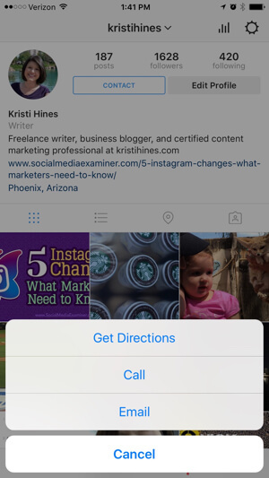 Kontaktoptionen für das Instagram-Geschäftsprofil