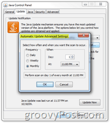 Screenshot: Registerkarte "Aktualisierung der Java-Systemsteuerung" monatlich
