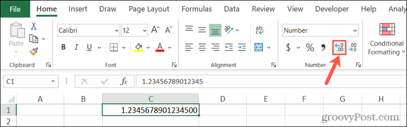 Stoppen Sie die Excel-Rundungszahlen mit der Schaltfläche "Dezimal erhöhen"