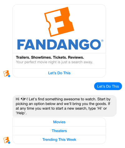 Der Facebook Messenger Chatbot von Fandango hilft Benutzern bei der Auswahl von Filmen.