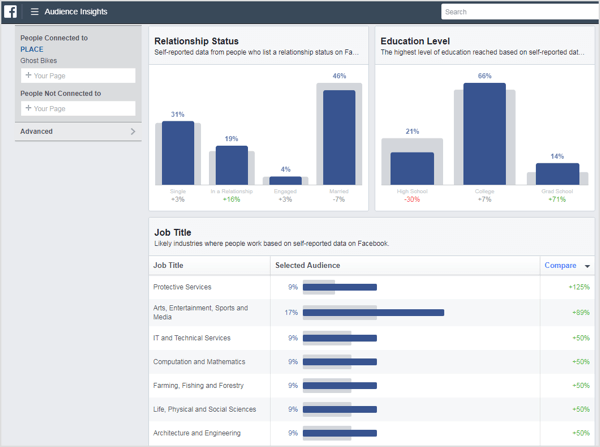 Audience Insights bietet einen umfassenden Überblick über persönlichere Statistiken wie Beziehungsstatus, Bildungsniveau, Berufsbezeichnung usw.