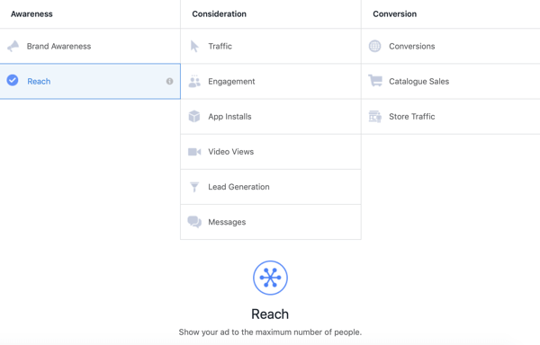 So erstellen Sie Facebook-Reach-Anzeigen, Schritt 1, Option für eine Reach-Kampagne unter Awareness