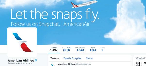 Twitter-Bild der amerikanischen Fluggesellschaften mit Snapchat