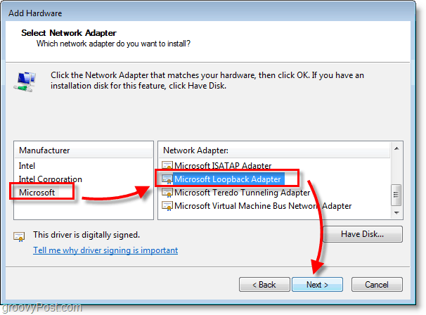Screenshot des Windows 7-Netzwerks Wählen Sie Microsoft> Microsoft Loopback-Adapter