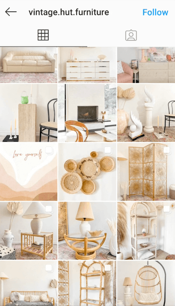 Beispiel-Screenshot des Instagram-Feeds @ vintage.hut.furniture, der die Gelbtönung für das antike Styling von Bildbeiträgen in Weiß, Braun und neutralen Farben zeigt