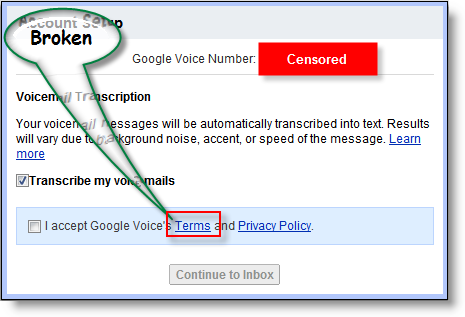 Link zu den Nutzungsbedingungen von Google Voice defekt