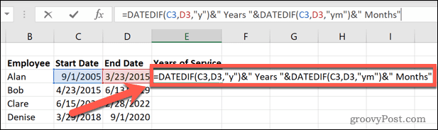 Excel datedif Jahre und Monate abgeschlossen