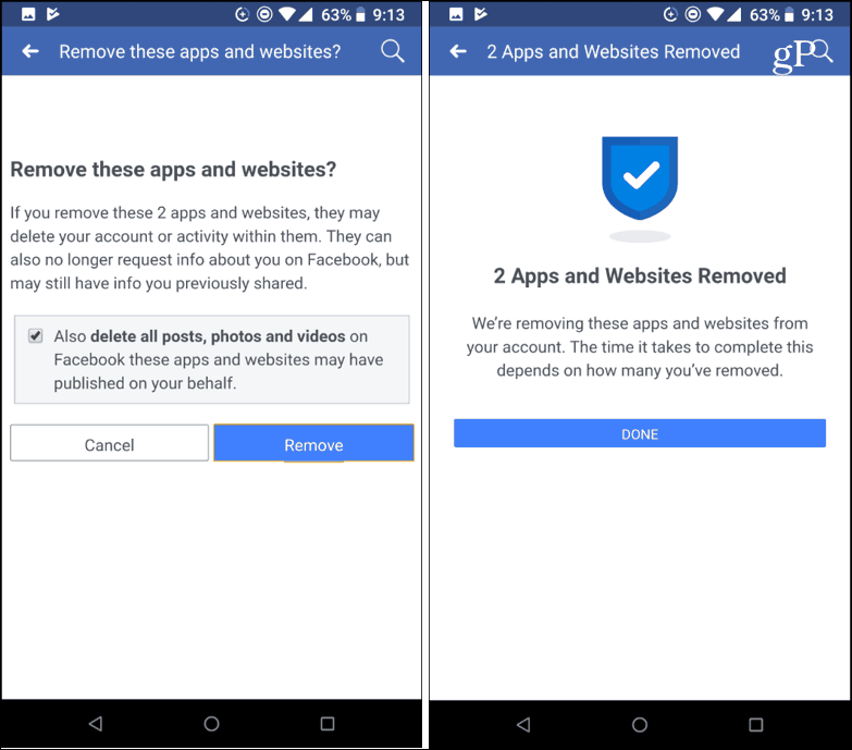 Bestätigen Sie das Entfernen von Apps von Drittanbietern auf Facebook Mobile