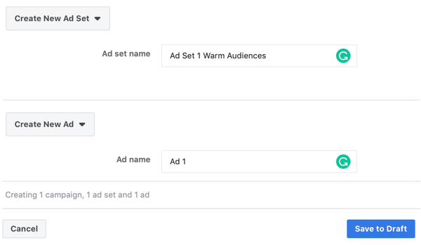 So zielen Sie mit Facebook Messenger-Anzeigen auf warme Leads ab, Schritt 3, Einstellungen für Anzeigen- und Anzeigensatznamen