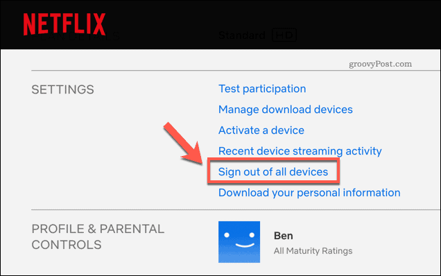 Melden Sie sich auf der Seite mit den Netflix-Kontoeinstellungen von allen Netflix-Geräten ab