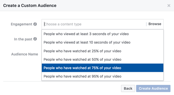 Für eine benutzerdefinierte Zielgruppe, die auf Video-Engagement basiert, können Sie auswählen, wie viel von Ihrem Video jemand sehen muss, um Ihre Retargeting-Anzeige zu sehen.