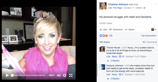 Facebook Live-Videopost auf der Facebook-Seite von Chalene.