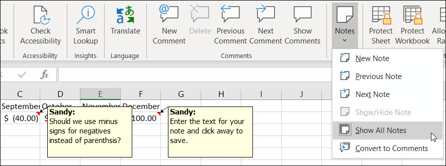 Alle Notizen in Excel anzeigen