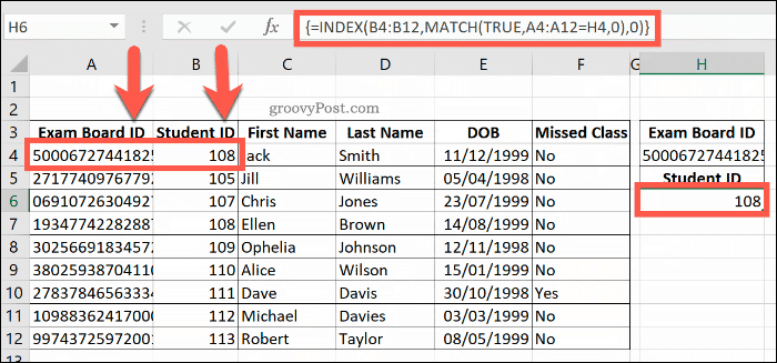 Ein Beispiel für eine kombinierte INDEX- und MATCH-Formel in Excel