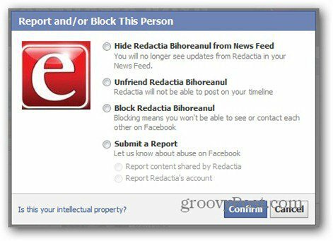 Facebook-Bericht - Optionen blockieren