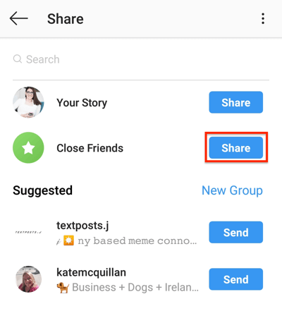 Tippen Sie auf die Schaltfläche Teilen, um Ihre Instagram-Geschichte mit Ihrer Liste der engen Freunde zu teilen.